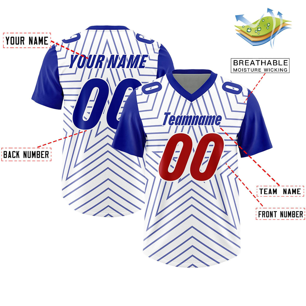 Custom White Royal Personalized Star Pattern Raglan Sleeves Authentic American Football Jersey