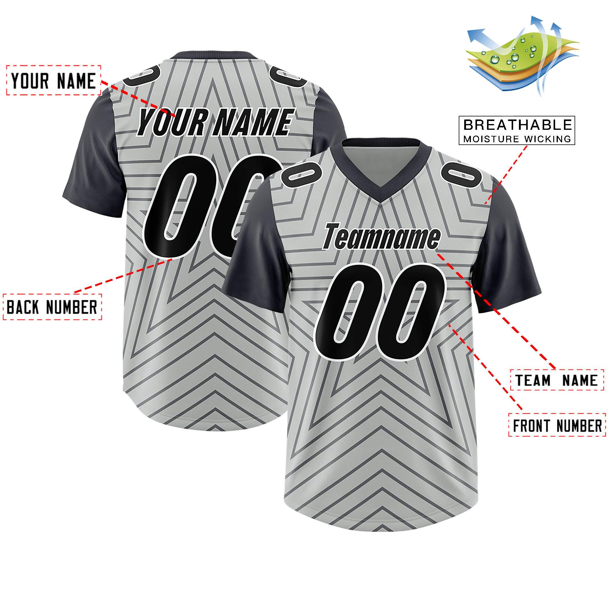 Custom Gray Dark Gray Personalized Star Pattern Raglan Sleeves Authentic American Football Jersey