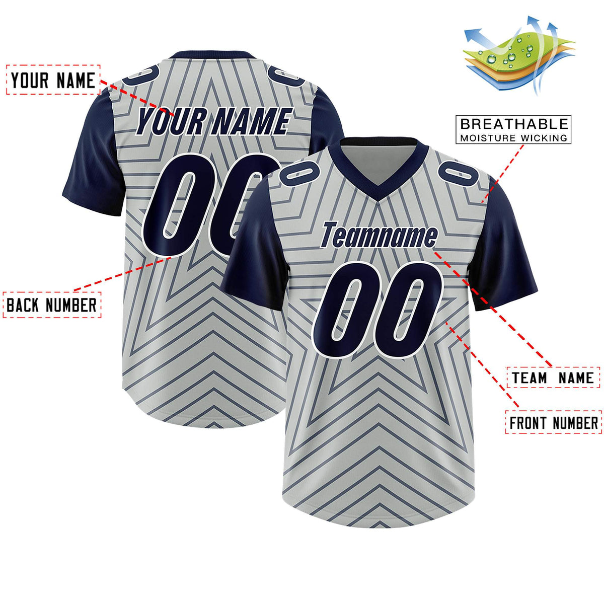 Custom Gray Navy Personalized Star Pattern Raglan Sleeves Authentic American Football Jersey