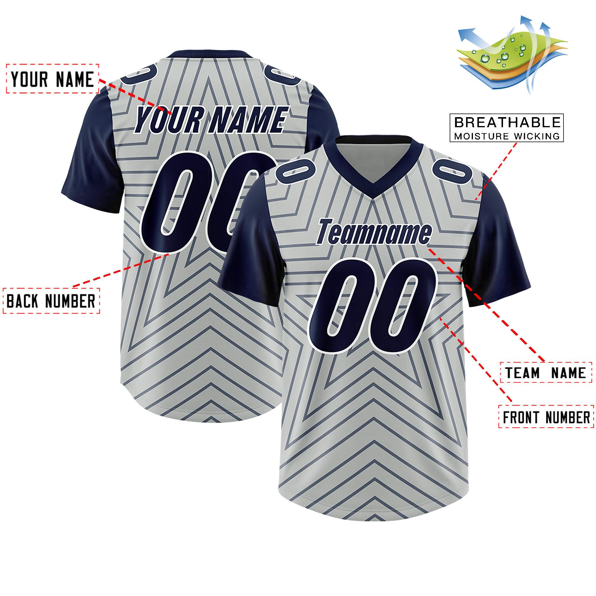 Custom Gray Navy Personalized Star Pattern Raglan Sleeves Authentic American Football Jersey