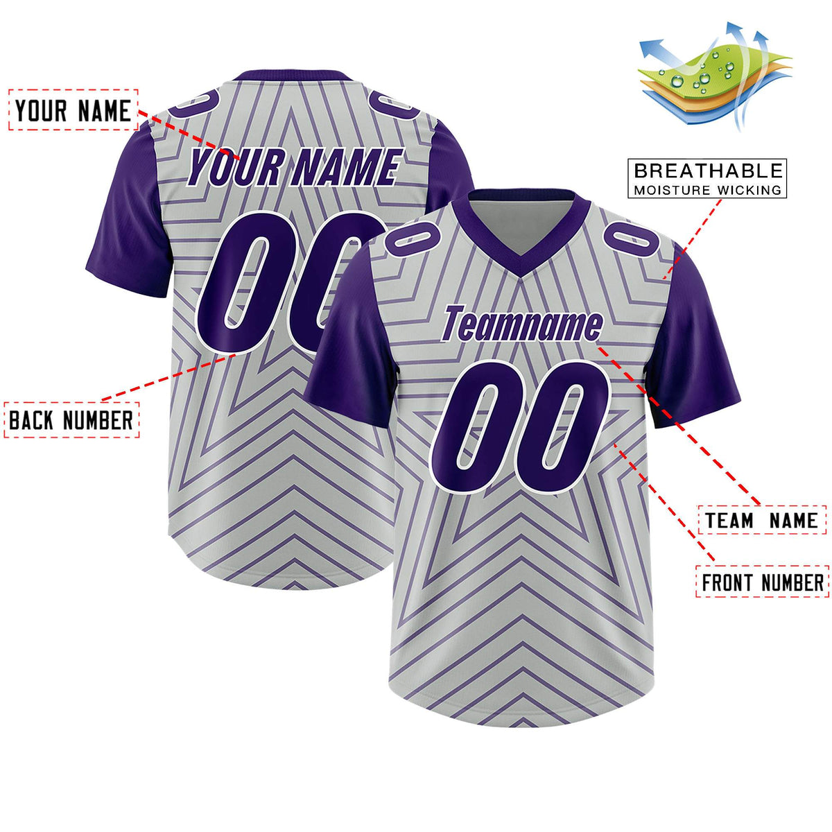 Custom Gray Purple Personalized Star Pattern Raglan Sleeves Authentic American Football Jersey