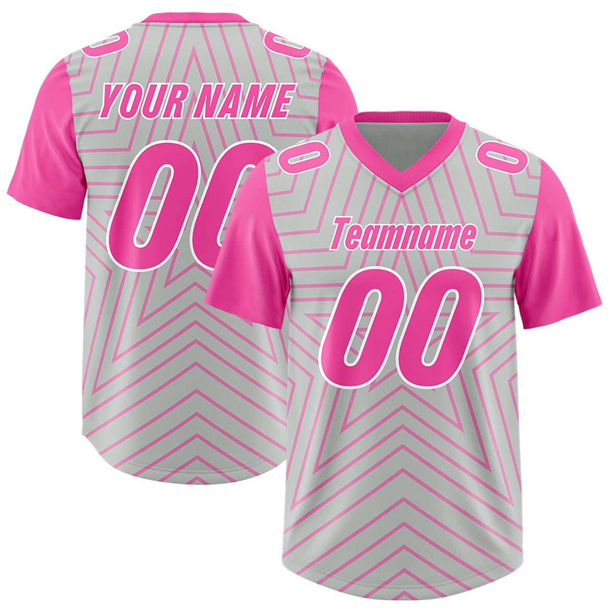 Custom Gray Pink Personalized Star Pattern Raglan Sleeves Authentic American Football Jersey