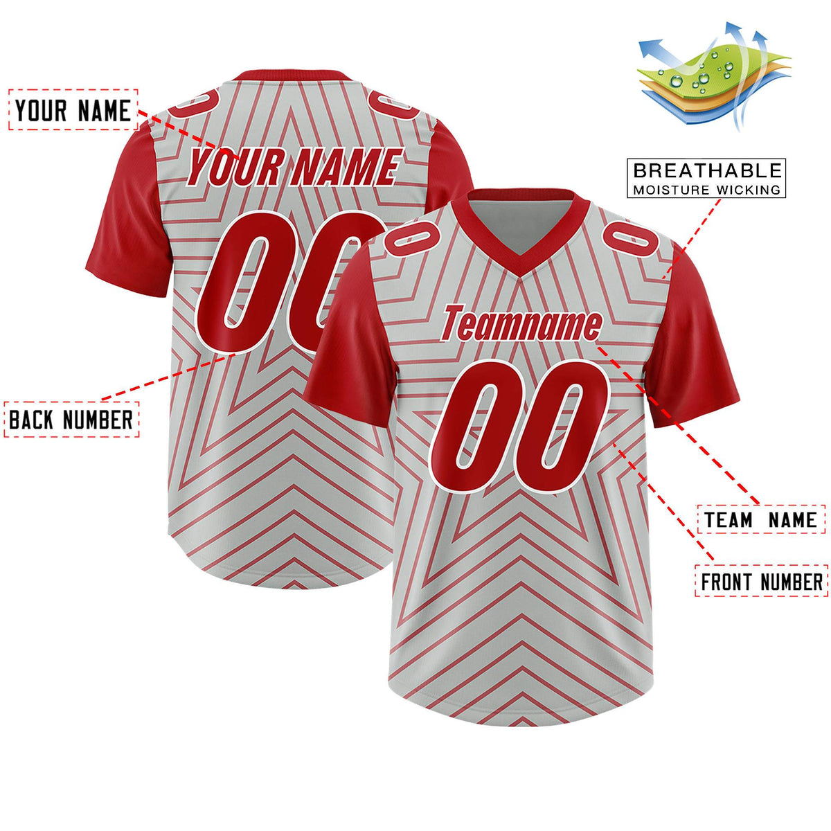 Custom Gray Red Personalized Star Pattern Raglan Sleeves Authentic American Football Jersey