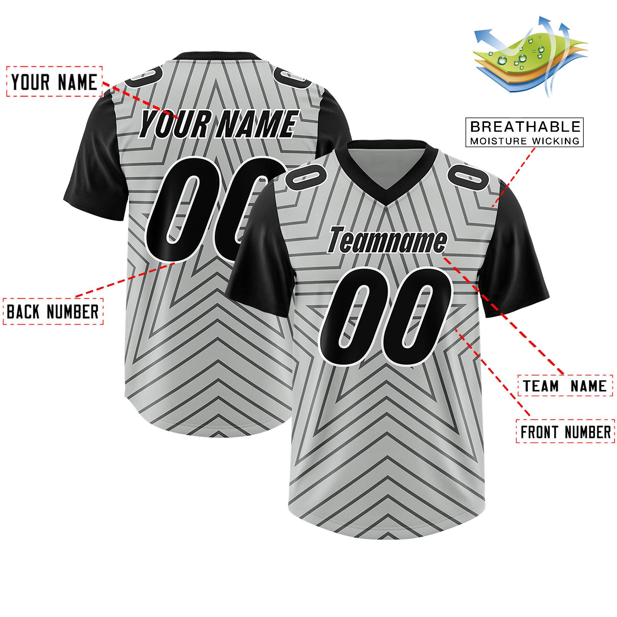 Custom Gray Black Personalized Star Pattern Raglan Sleeves Authentic American Football Jersey
