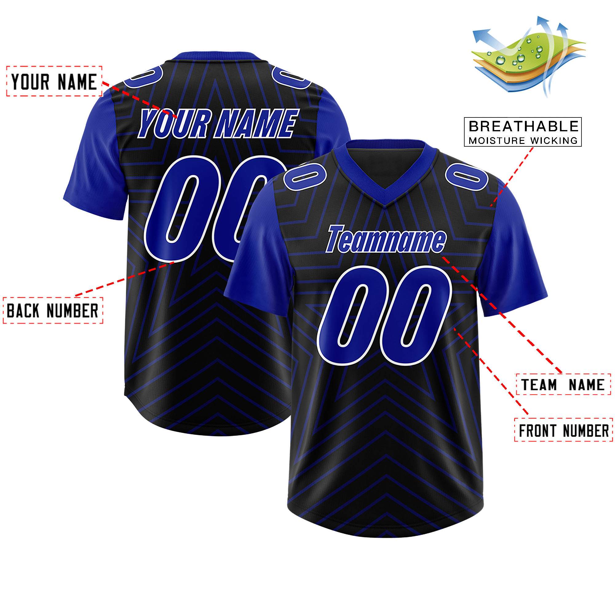 Custom Black Royal Personalized Star Pattern Raglan Sleeves Authentic American Football Jersey