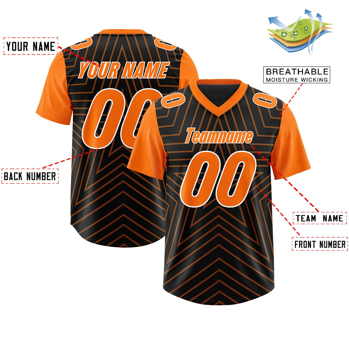 Custom Black Orange Personalized Star Pattern Raglan Sleeves Authentic American Football Jersey