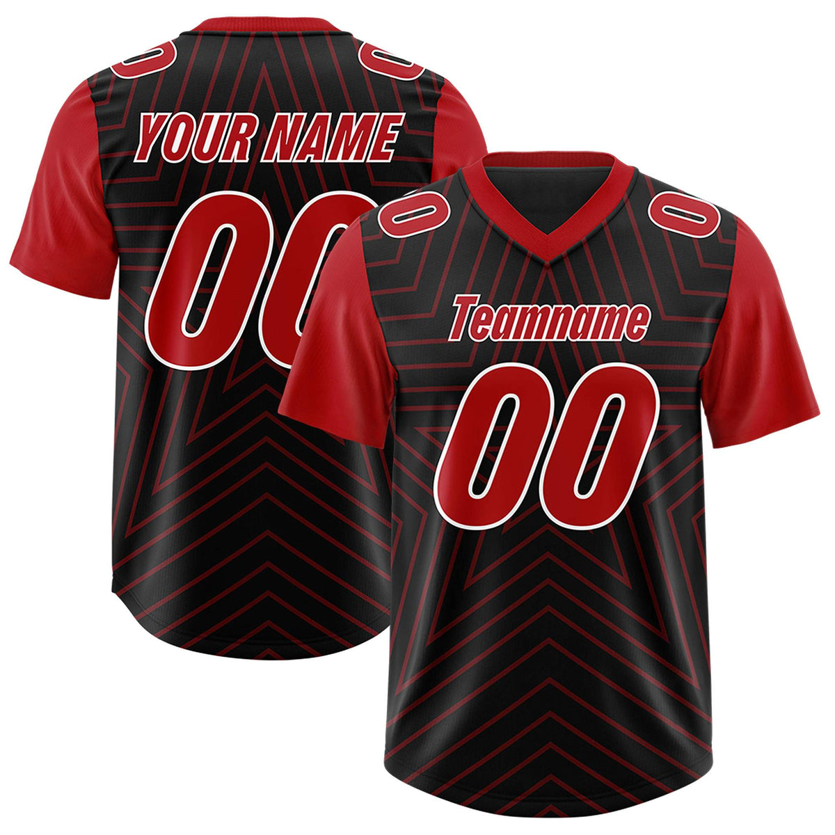 Custom Black Red Personalized Star Pattern Raglan Sleeves Authentic American Football Jersey