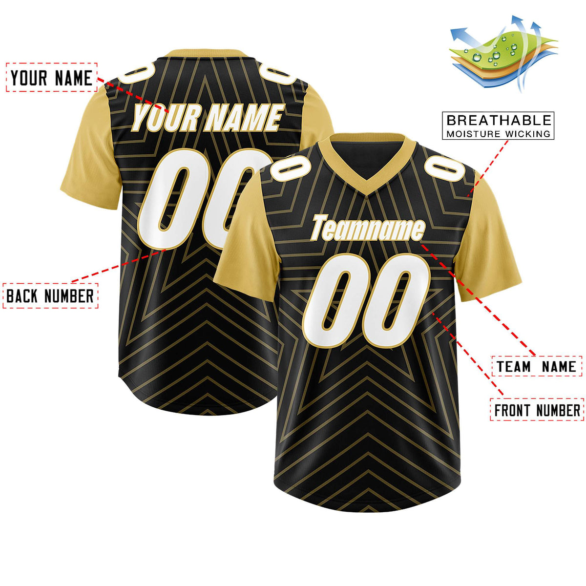 Custom Black Old Gold Personalized Star Pattern Raglan Sleeves Authentic American Football Jersey