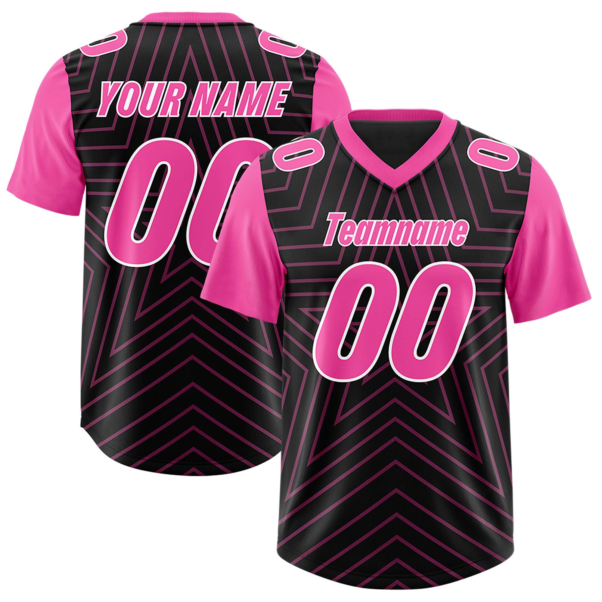 Custom Black Pink Personalized Star Pattern Raglan Sleeves Authentic American Football Jersey
