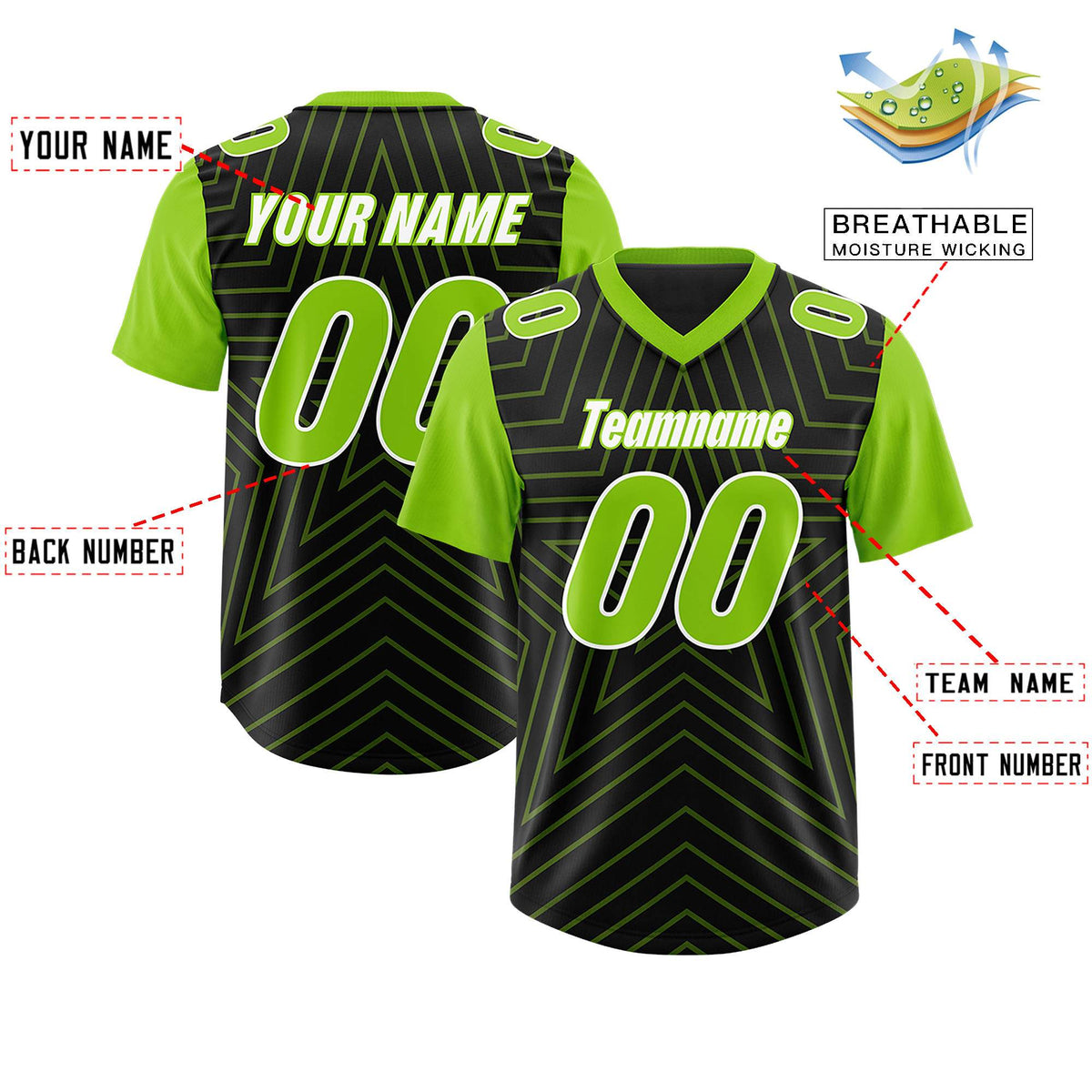 Custom Black Neon Green Personalized Star Pattern Raglan Sleeves Authentic American Football Jersey