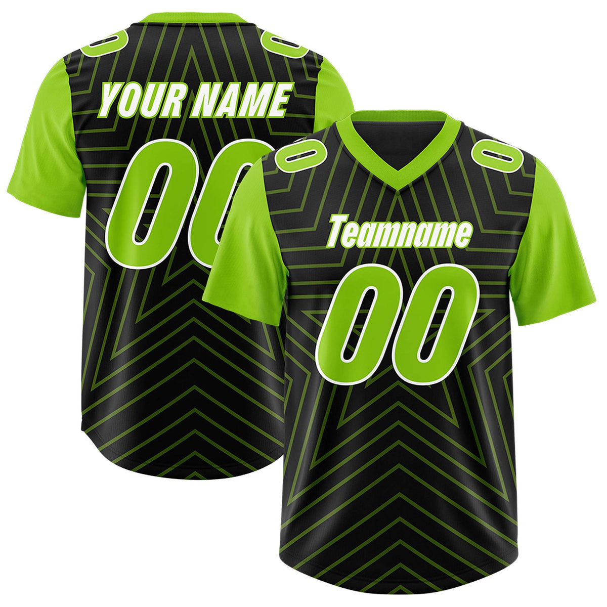 Custom Black Neon Green Personalized Star Pattern Raglan Sleeves Authentic American Football Jersey