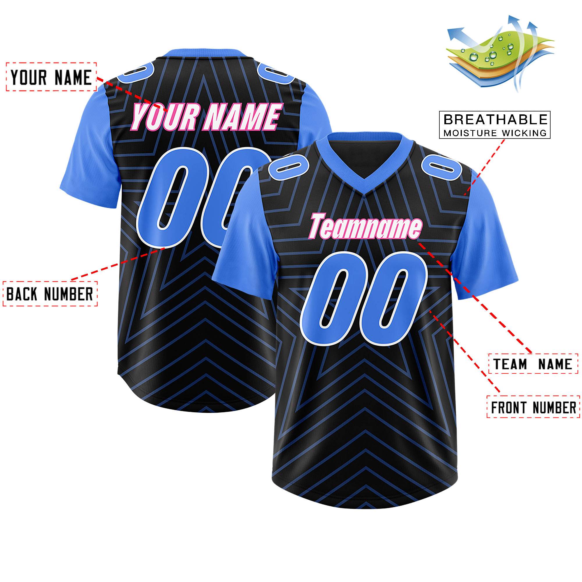Custom Black Powder Blue Personalized Star Pattern Raglan Sleeves Authentic American Football Jersey