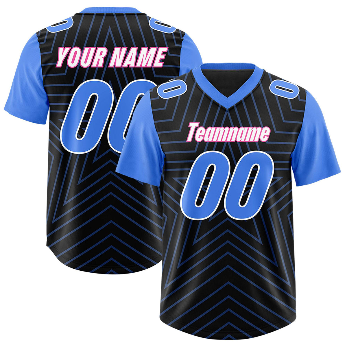 Custom Black Powder Blue Personalized Star Pattern Raglan Sleeves Authentic American Football Jersey