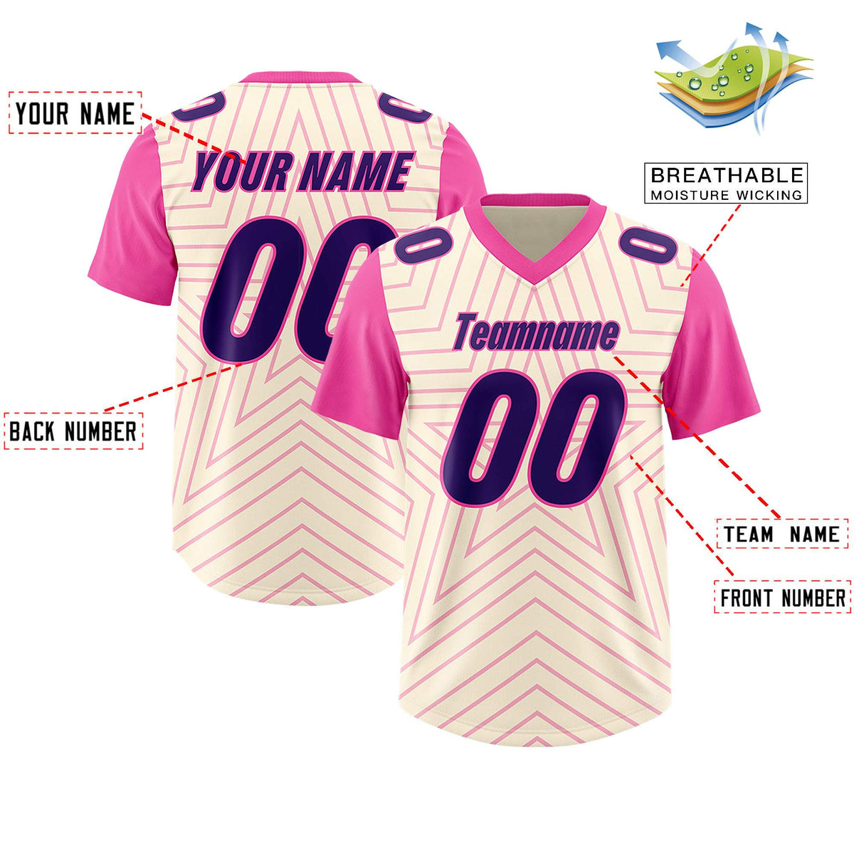 Custom Cream Pink Personalized Star Pattern Raglan Sleeves Authentic American Football Jersey