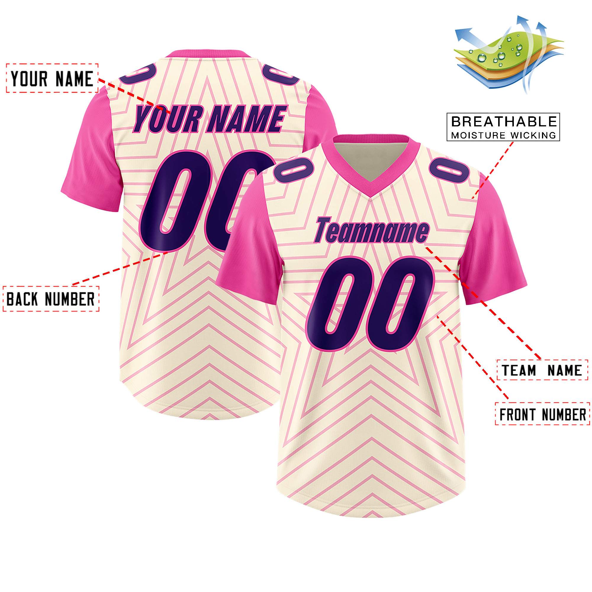Custom Cream Pink Personalized Star Pattern Raglan Sleeves Authentic American Football Jersey