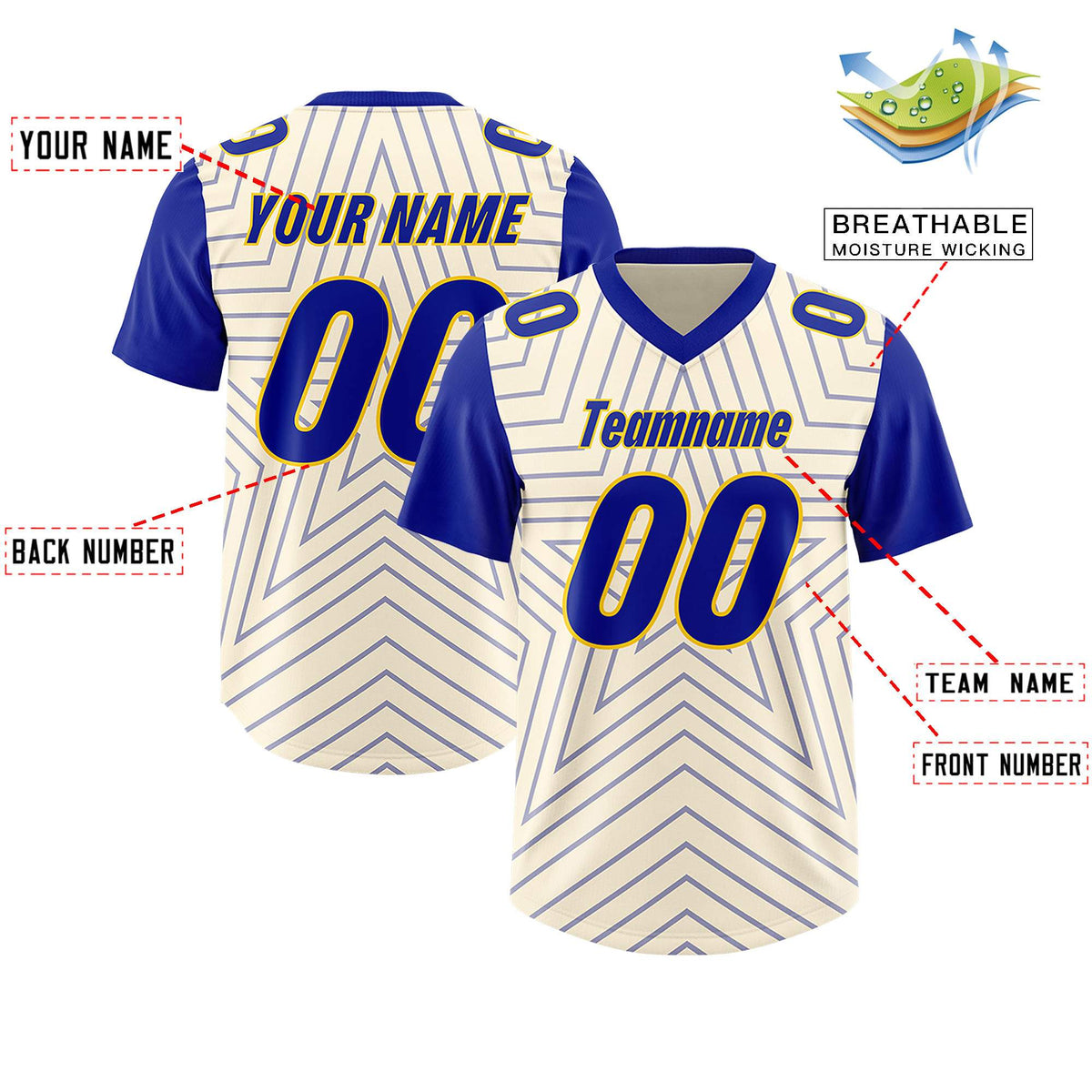 Custom Cream Royal Personalized Star Pattern Raglan Sleeves Authentic American Football Jersey