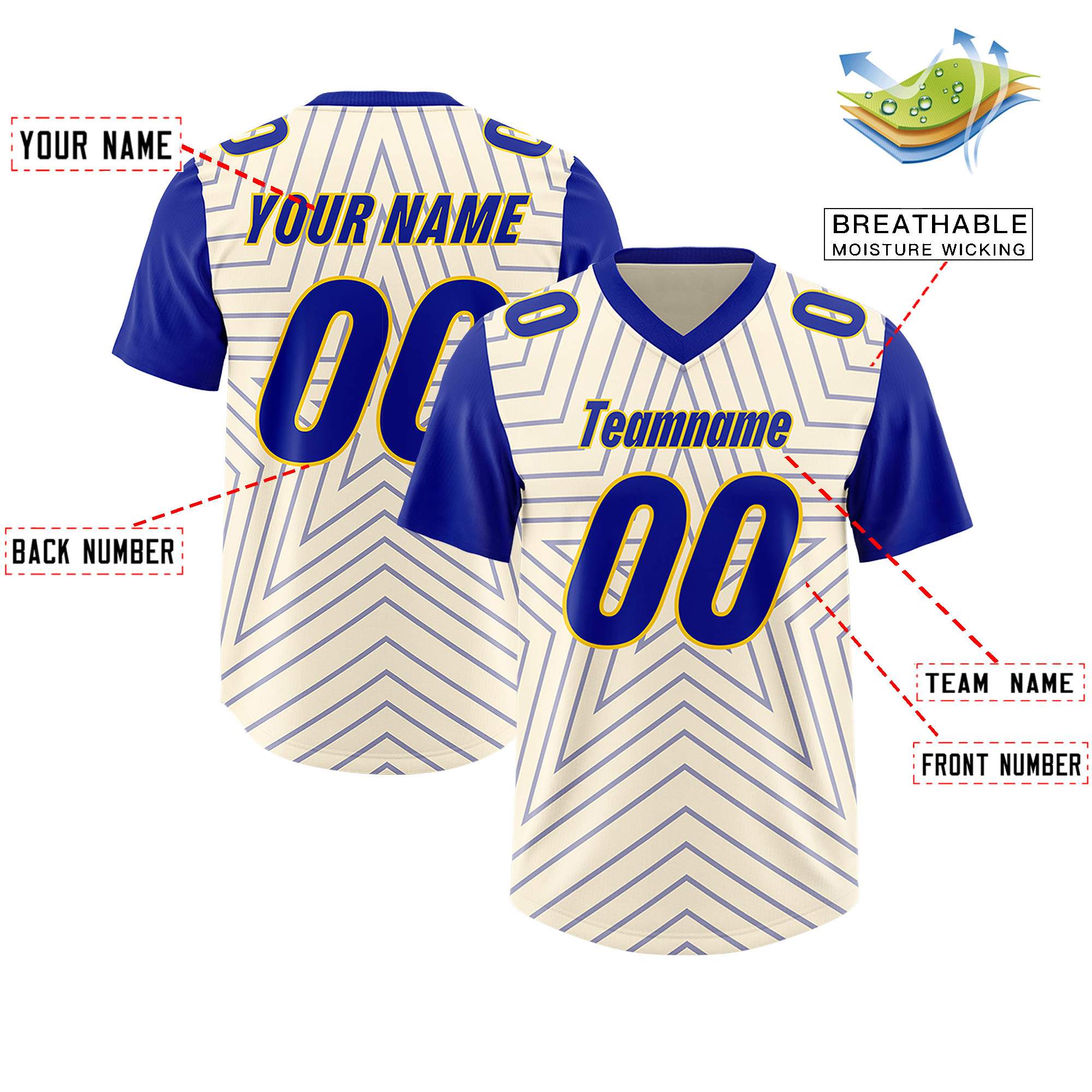 Custom Cream Royal Personalized Star Pattern Raglan Sleeves Authentic American Football Jersey