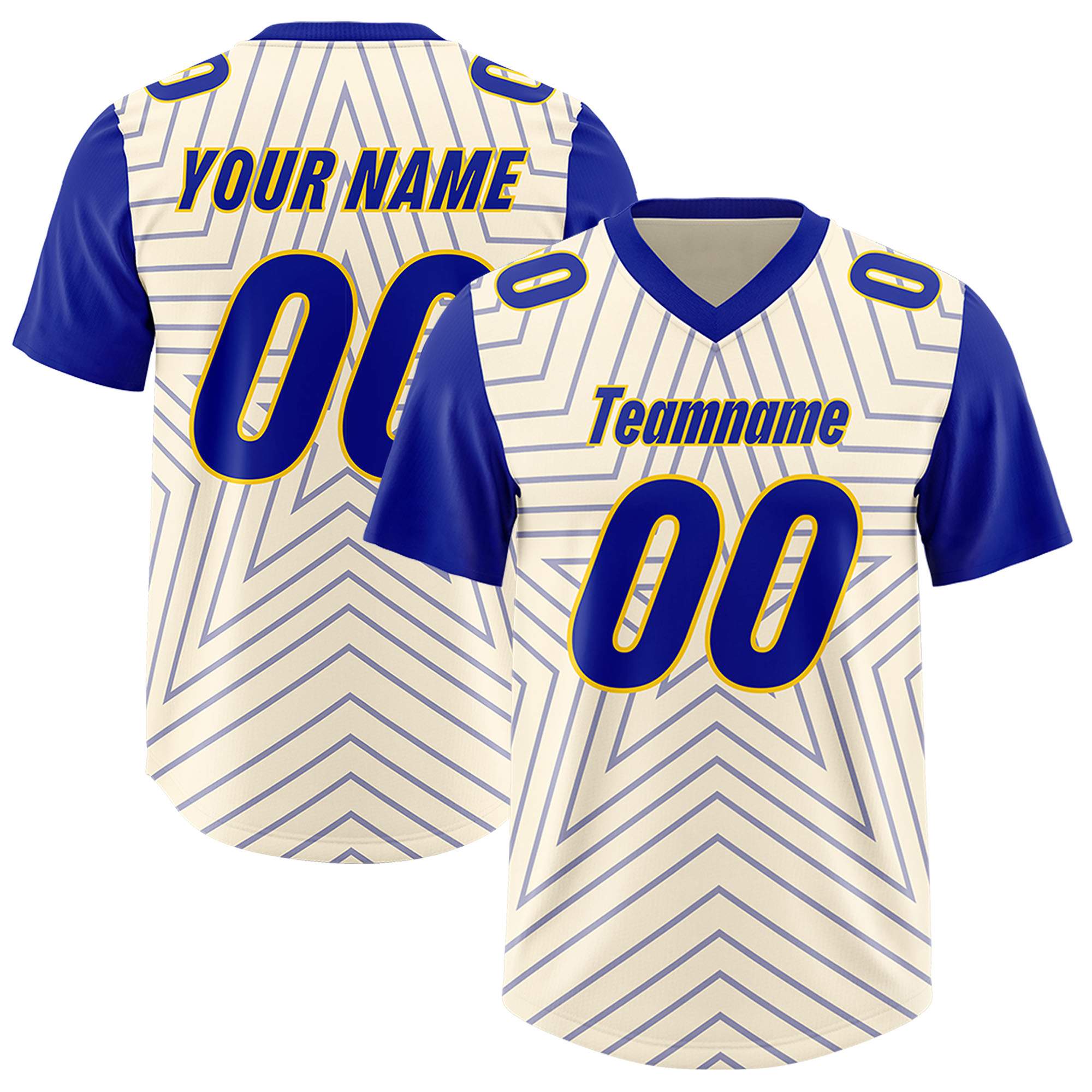 Custom Cream Royal Personalized Star Pattern Raglan Sleeves Authentic American Football Jersey
