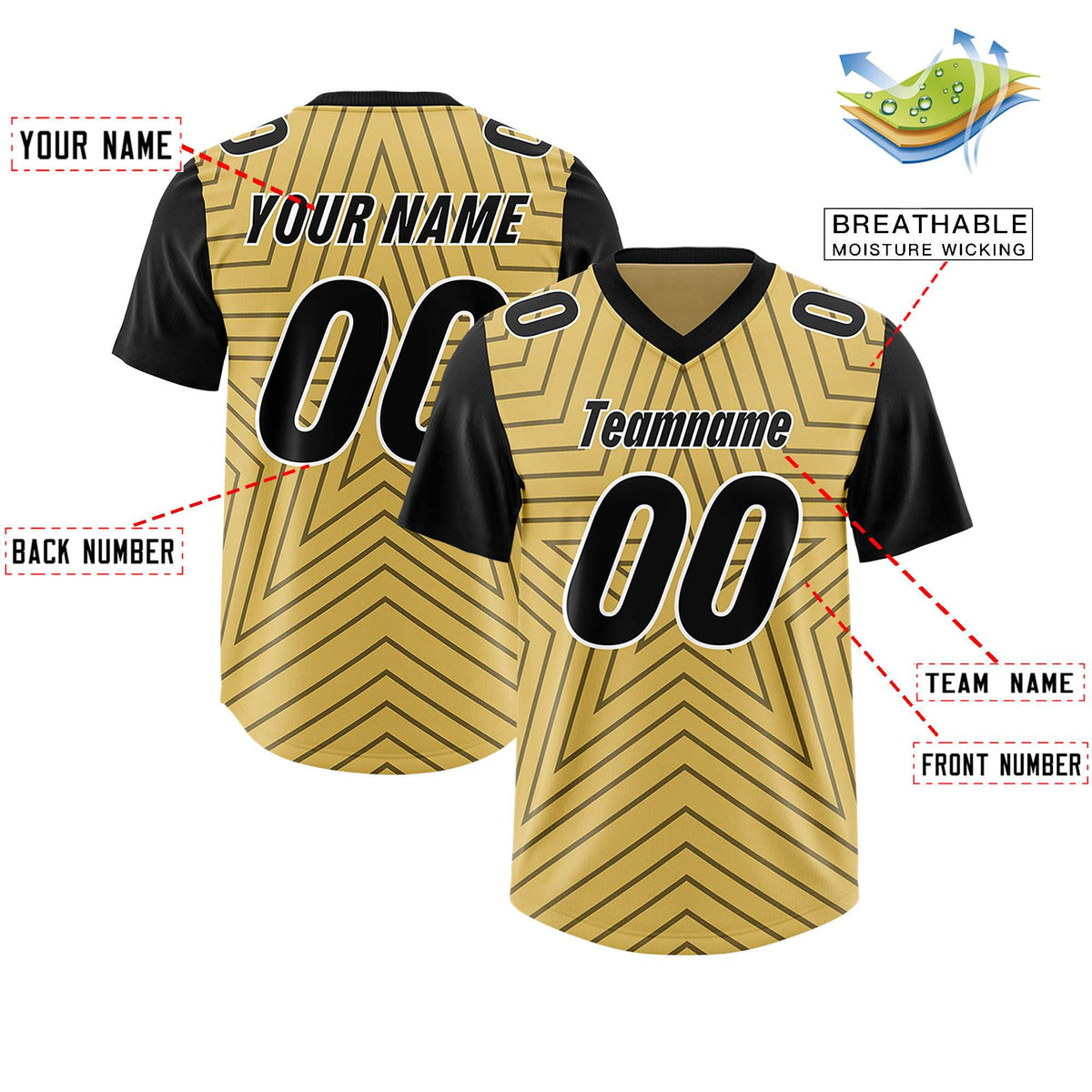 Custom Old Gold Black Personalized Star Pattern Raglan Sleeves Authentic American Football Jersey