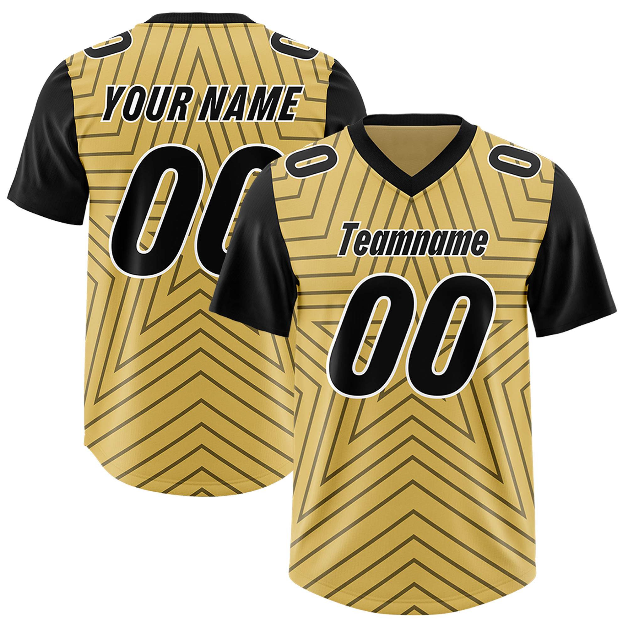 Custom Old Gold Black Personalized Star Pattern Raglan Sleeves Authentic American Football Jersey