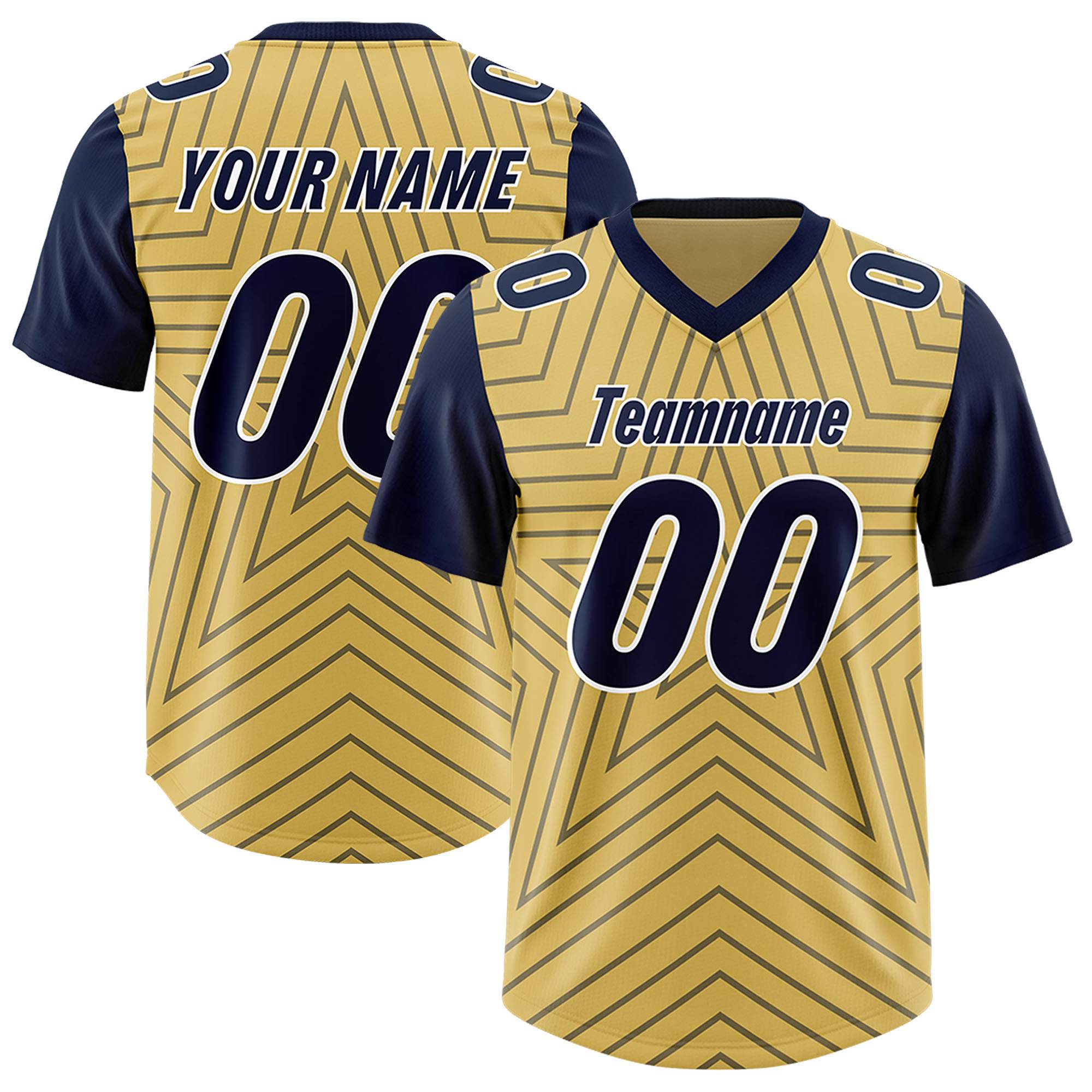 Custom Old Gold Navy Personalized Star Pattern Raglan Sleeves Authentic American Football Jersey