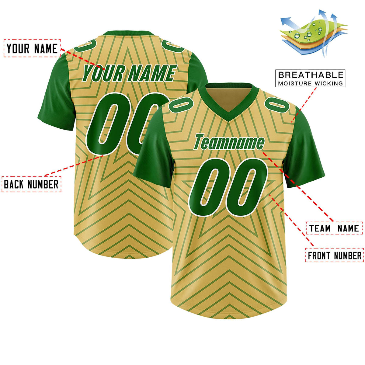 Custom Old Gold Kelly Green Personalized Star Pattern Raglan Sleeves Authentic American Football Jersey