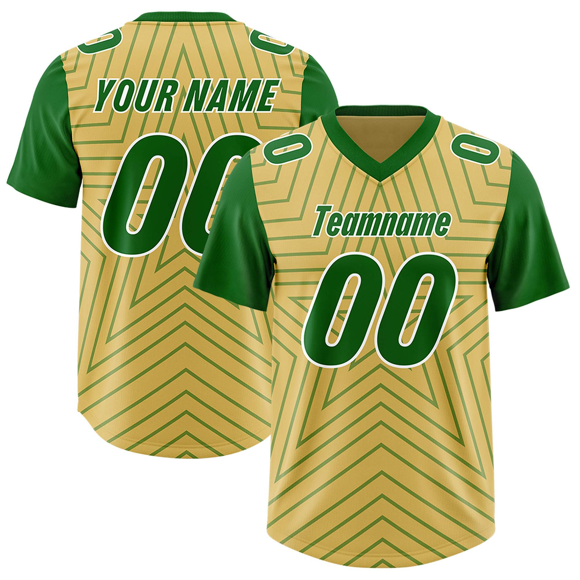 Custom Old Gold Kelly Green Personalized Star Pattern Raglan Sleeves Authentic American Football Jersey