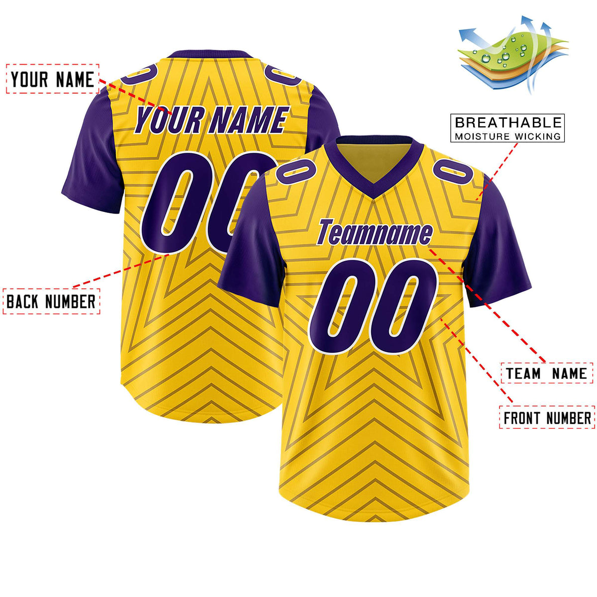 Custom Gold Purple Personalized Star Pattern Raglan Sleeves Authentic American Football Jersey