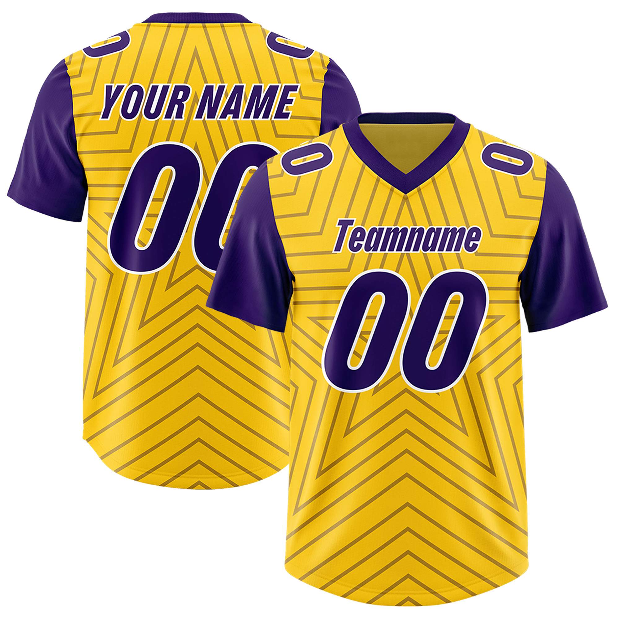 Custom Gold Purple Personalized Star Pattern Raglan Sleeves Authentic American Football Jersey