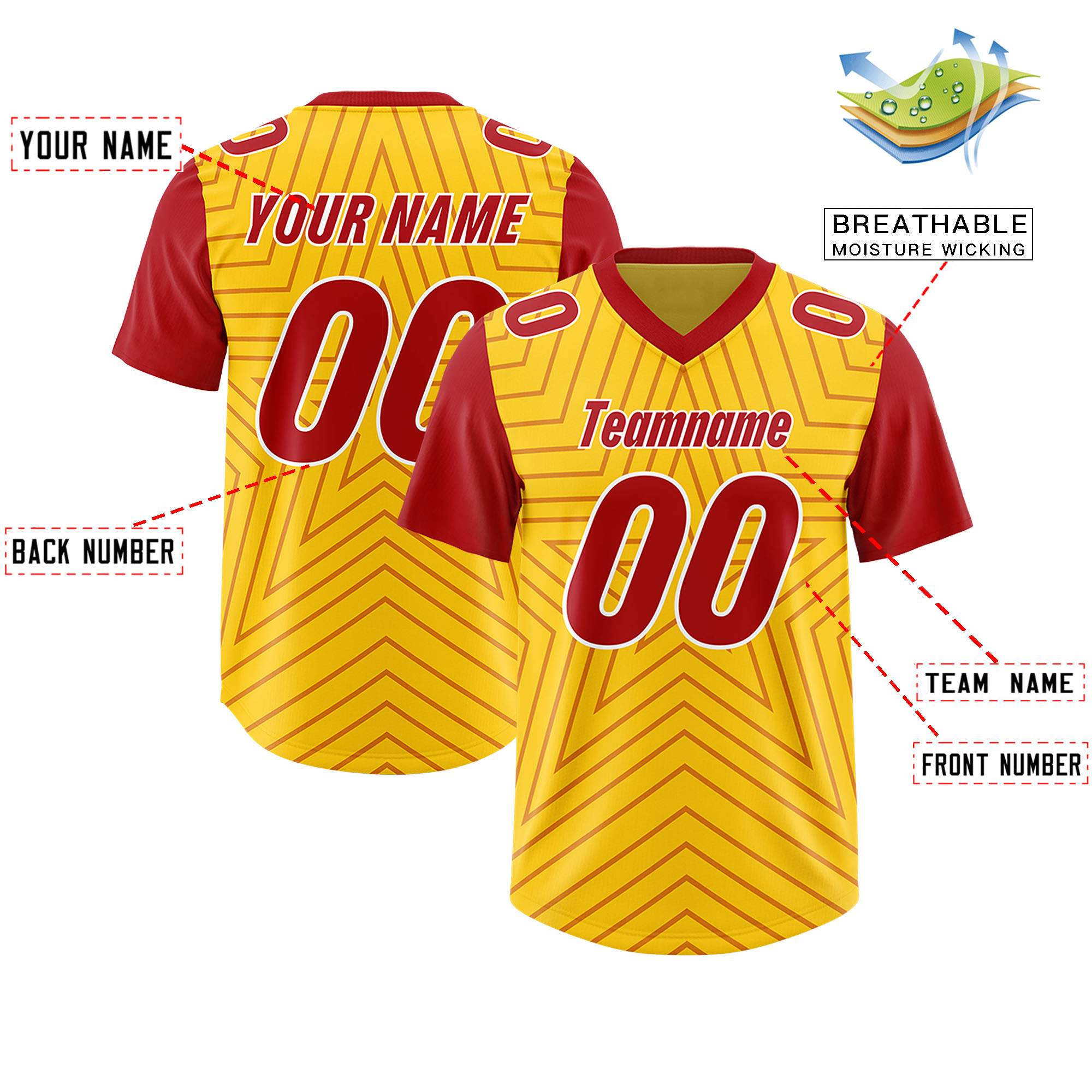 Custom Gold Red Personalized Star Pattern Raglan Sleeves Authentic American Football Jersey