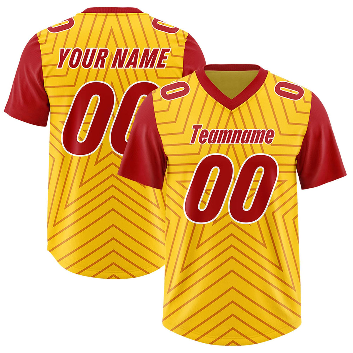Custom Gold Red Personalized Star Pattern Raglan Sleeves Authentic American Football Jersey