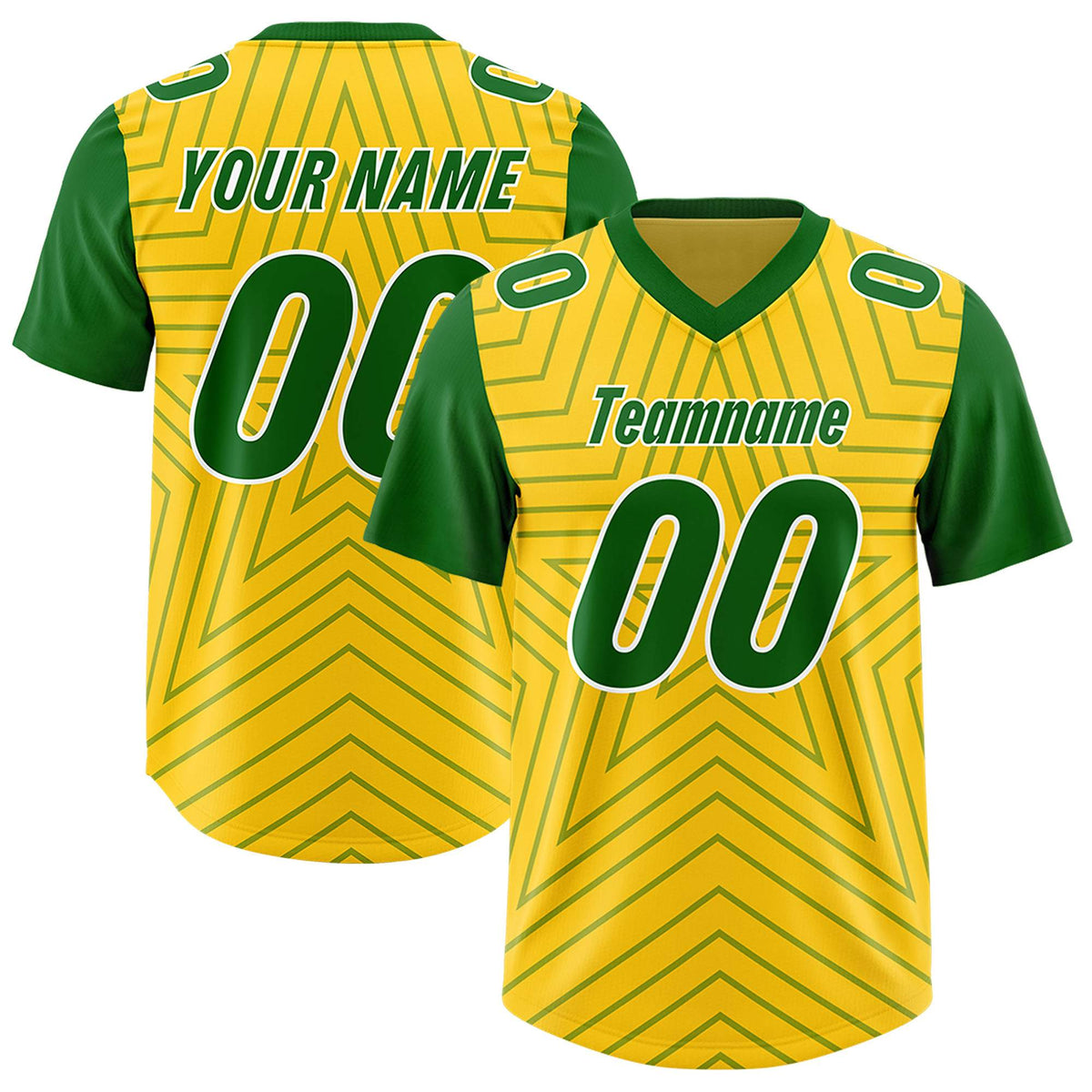 Custom Gold Kelly Green Personalized Star Pattern Raglan Sleeves Authentic American Football Jersey