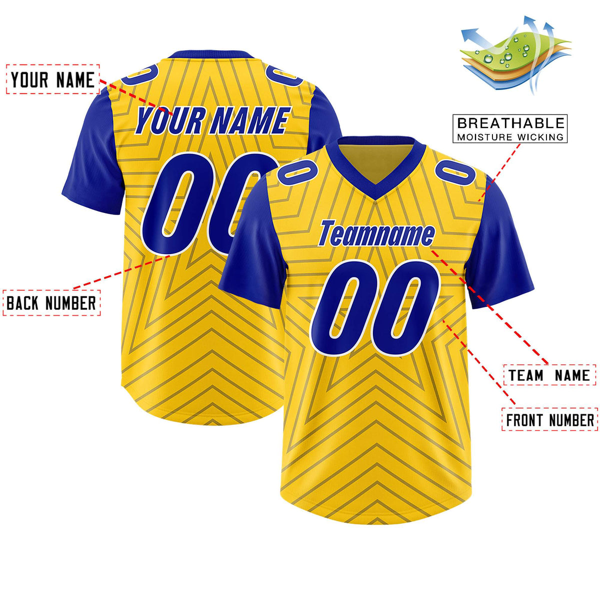 Custom Gold Royal Personalized Star Pattern Raglan Sleeves Authentic American Football Jersey