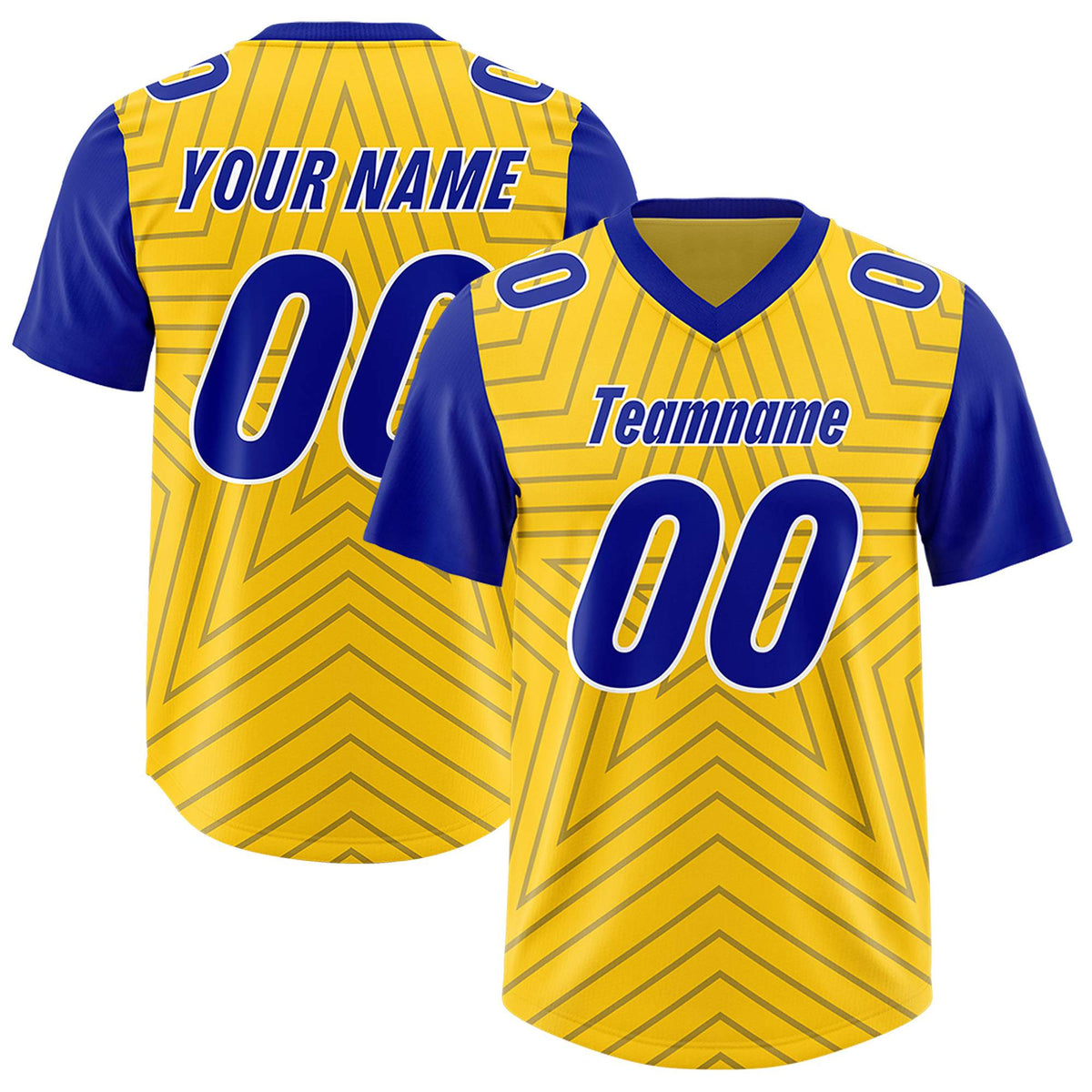 Custom Gold Royal Personalized Star Pattern Raglan Sleeves Authentic American Football Jersey