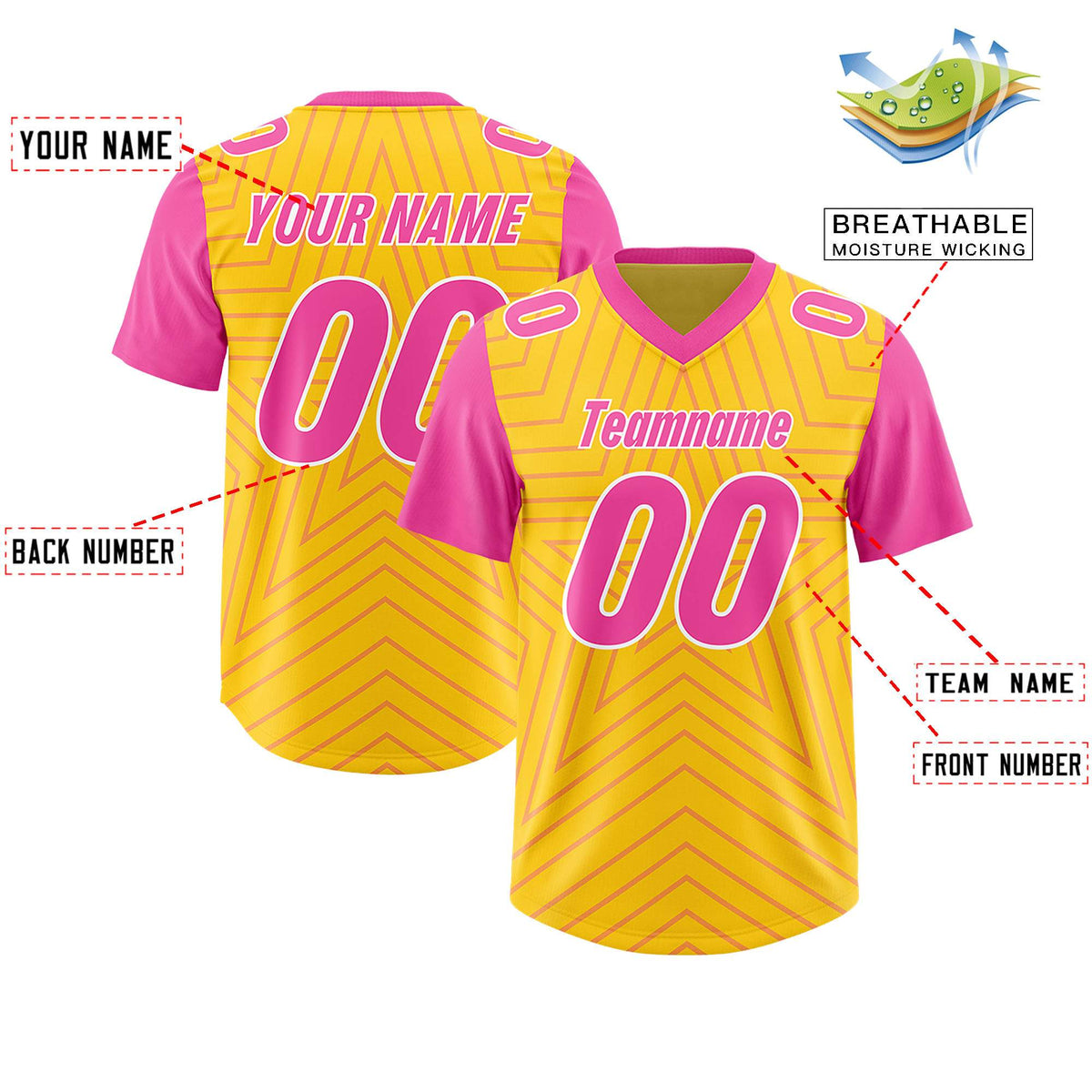 Custom Gold Pink Personalized Star Pattern Raglan Sleeves Authentic American Football Jersey
