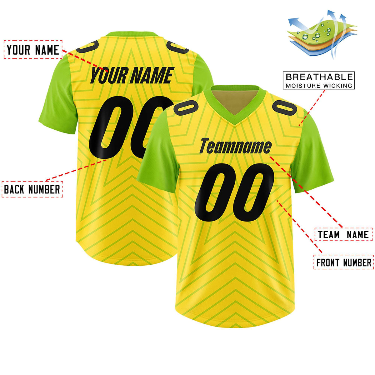 Custom Gold Neon Green Personalized Star Pattern Raglan Sleeves Authentic American Football Jersey