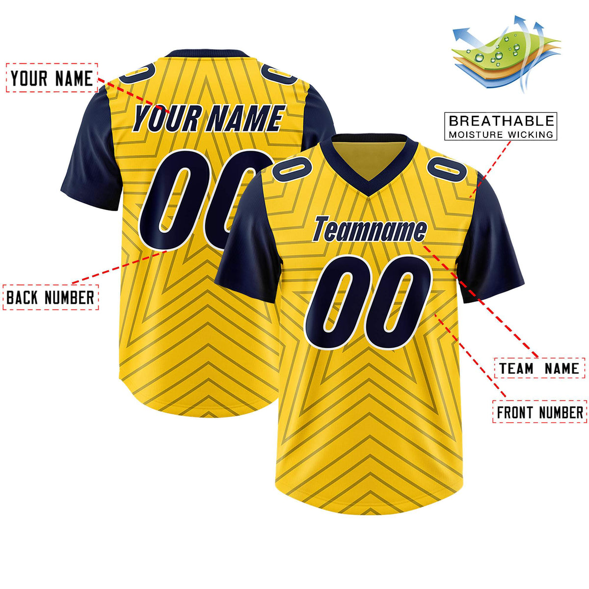 Custom Gold Navy Personalized Star Pattern Raglan Sleeves Authentic American Football Jersey
