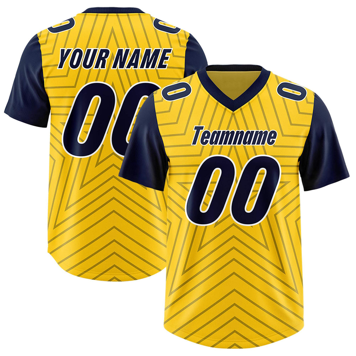 Custom Gold Navy Personalized Star Pattern Raglan Sleeves Authentic American Football Jersey