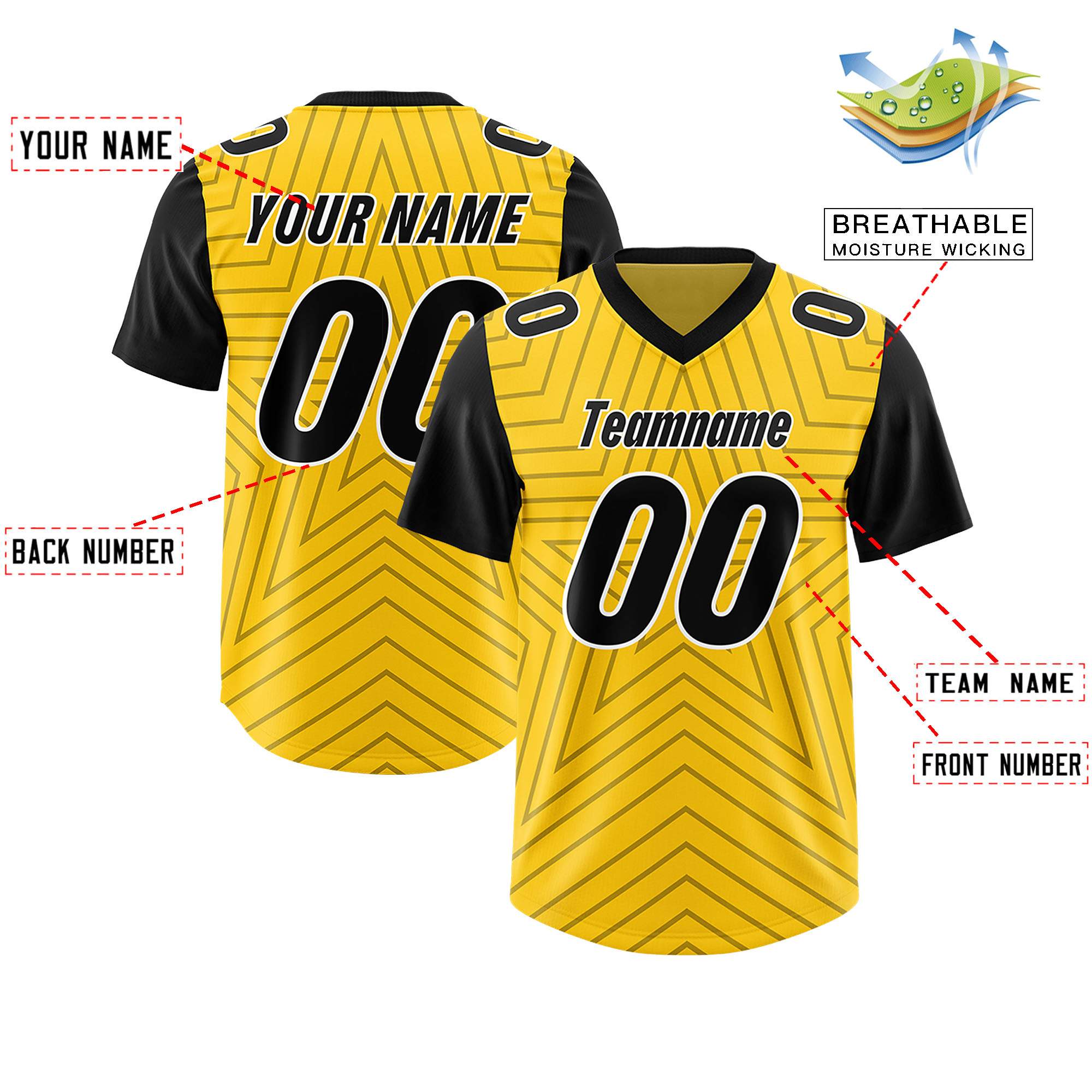 Custom Gold Black Personalized Star Pattern Raglan Sleeves Authentic American Football Jersey
