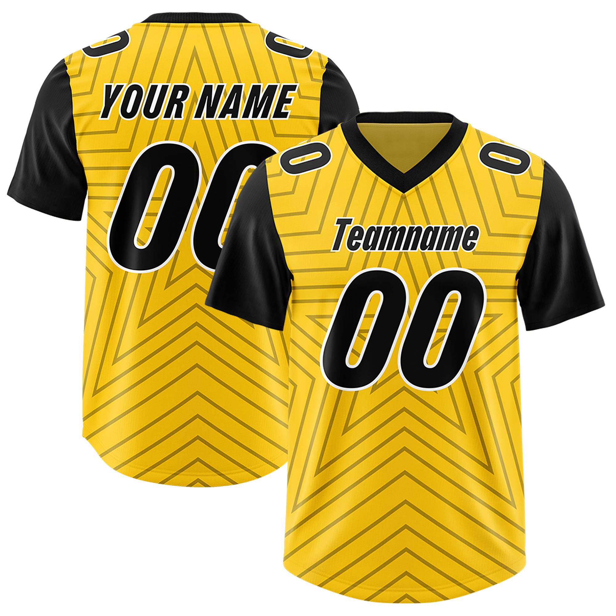 Custom Gold Black Personalized Star Pattern Raglan Sleeves Authentic American Football Jersey