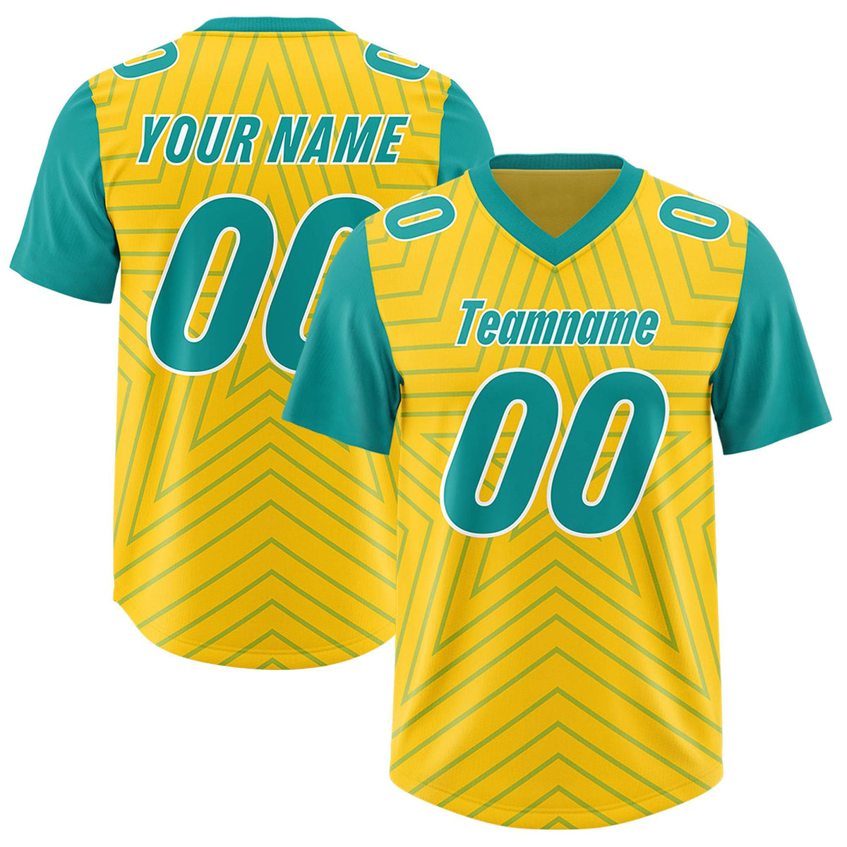 Custom Gold Aqua Personalized Star Pattern Raglan Sleeves Authentic American Football Jersey