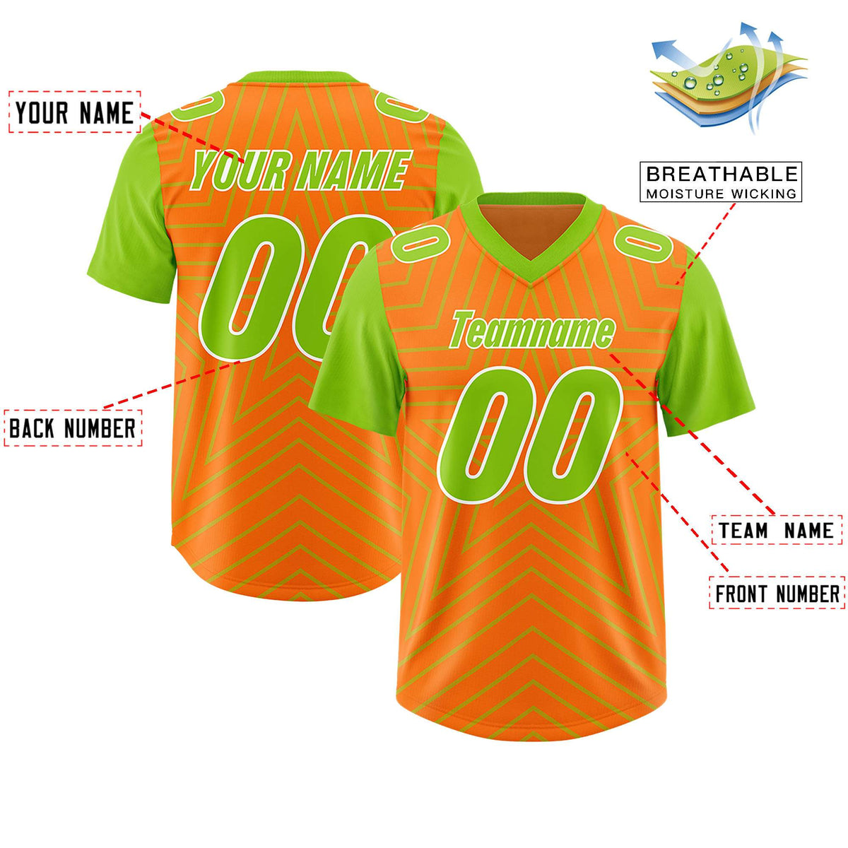 Custom Orange Neon Green Personalized Star Pattern Raglan Sleeves Authentic American Football Jersey