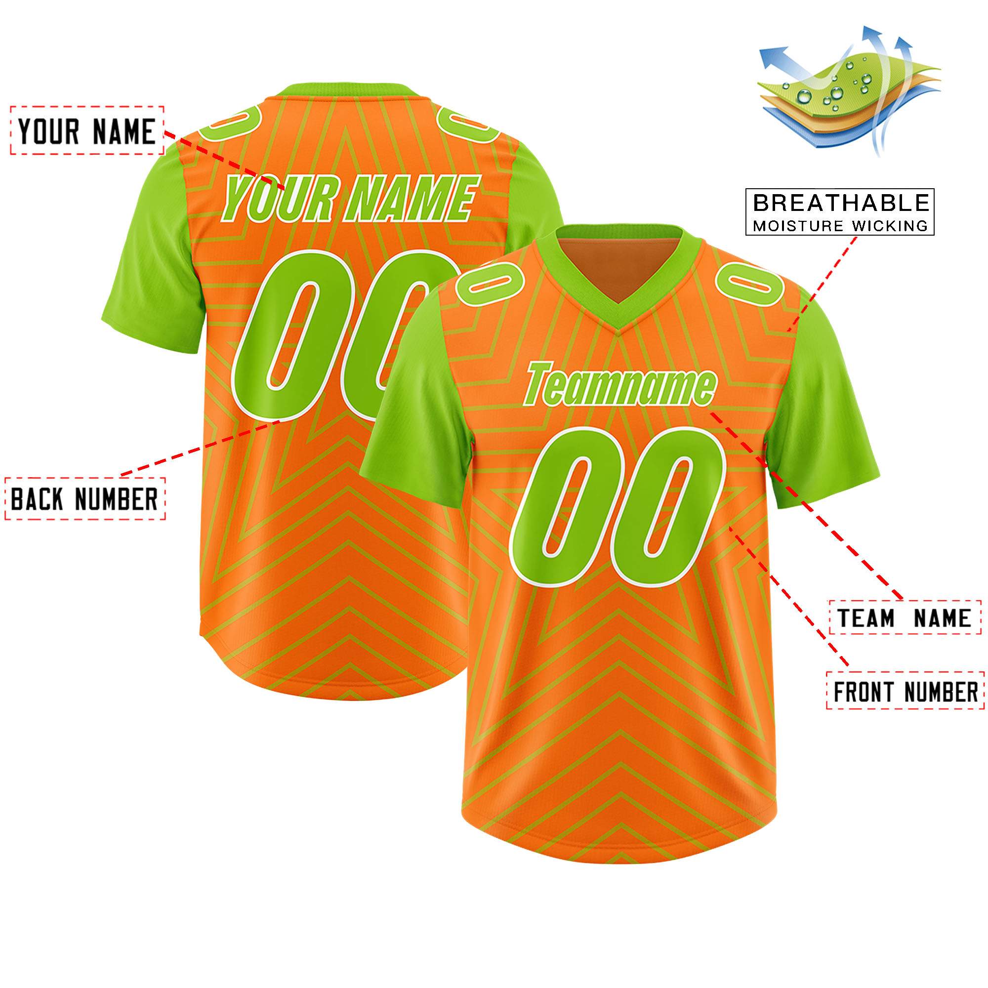Custom Orange Neon Green Personalized Star Pattern Raglan Sleeves Authentic American Football Jersey