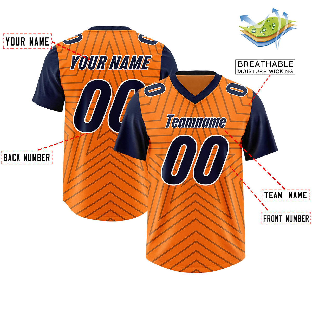 Custom Orange Navy Personalized Star Pattern Raglan Sleeves Authentic American Football Jersey