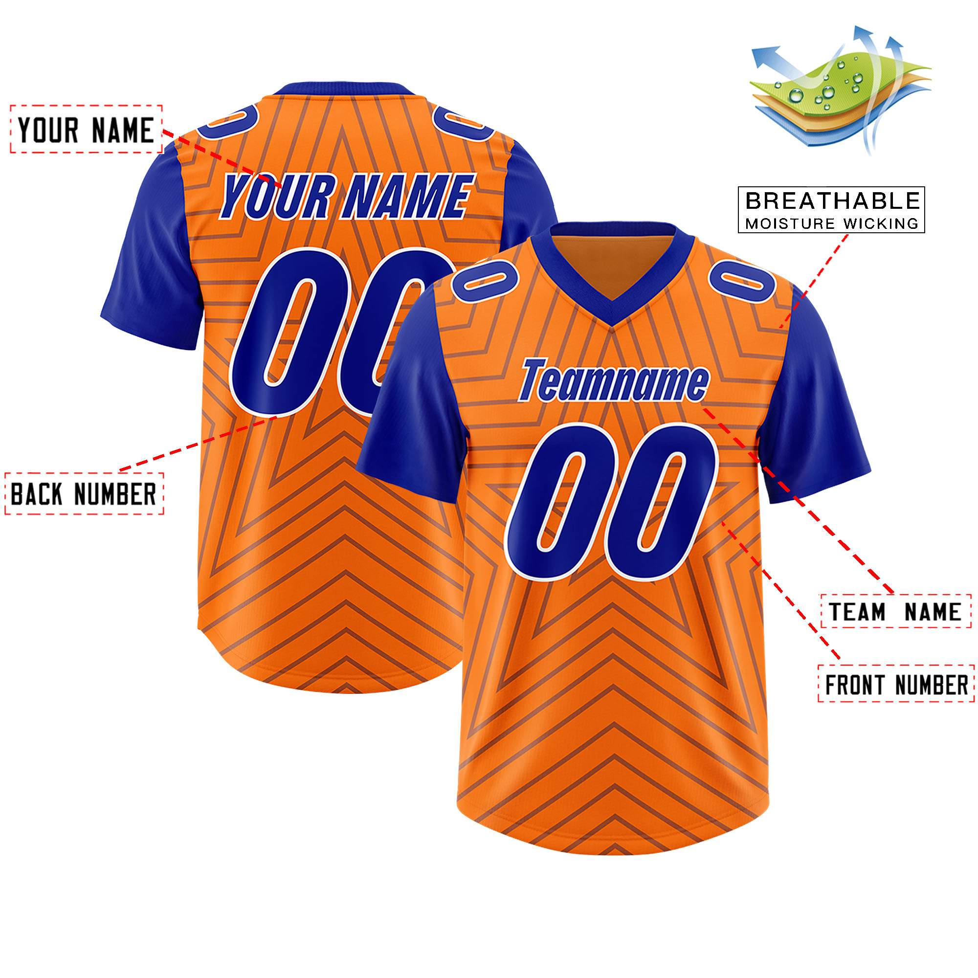 Custom Orange Royal Personalized Star Pattern Raglan Sleeves Authentic American Football Jersey