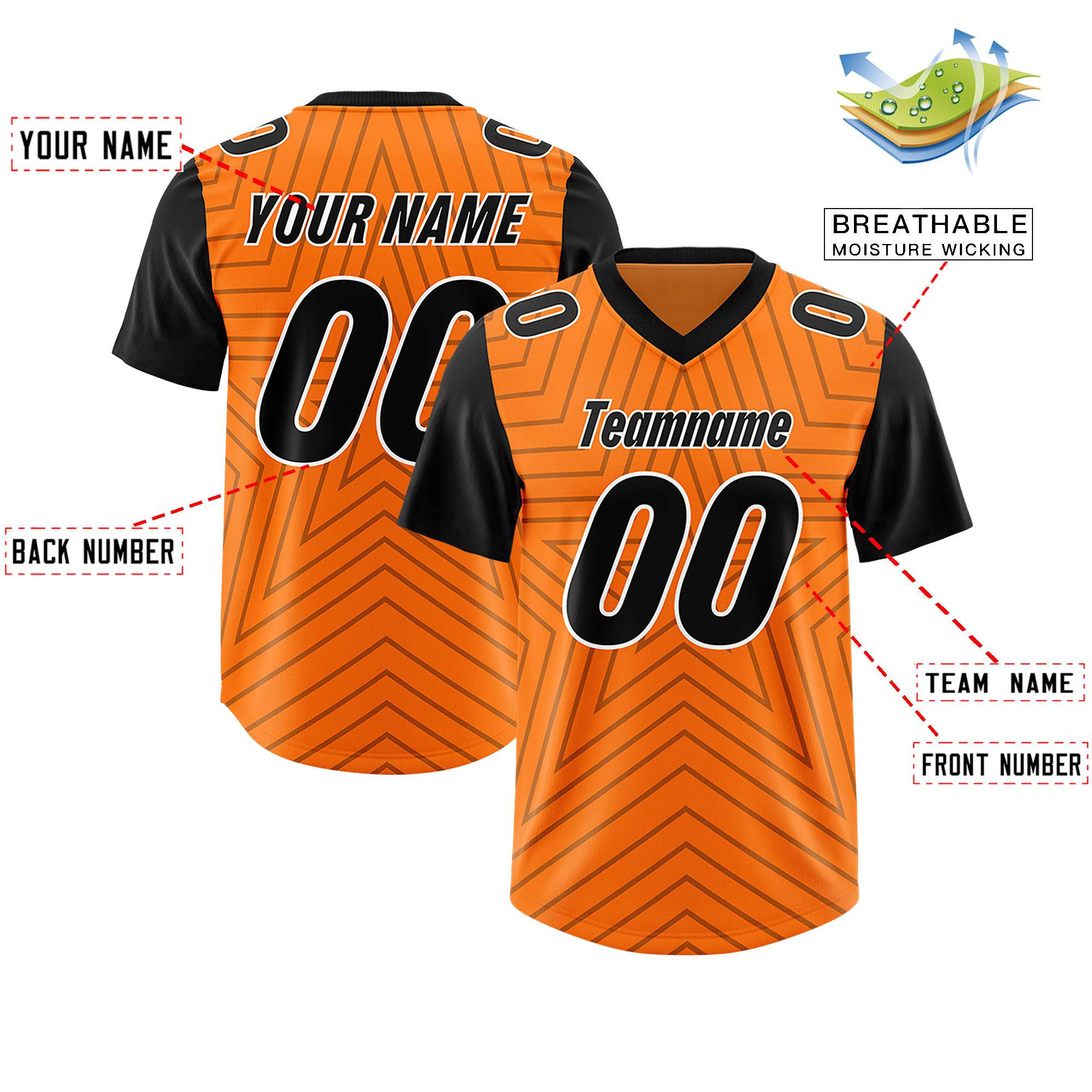 Custom Orange Black Personalized Star Pattern Raglan Sleeves Authentic American Football Jersey