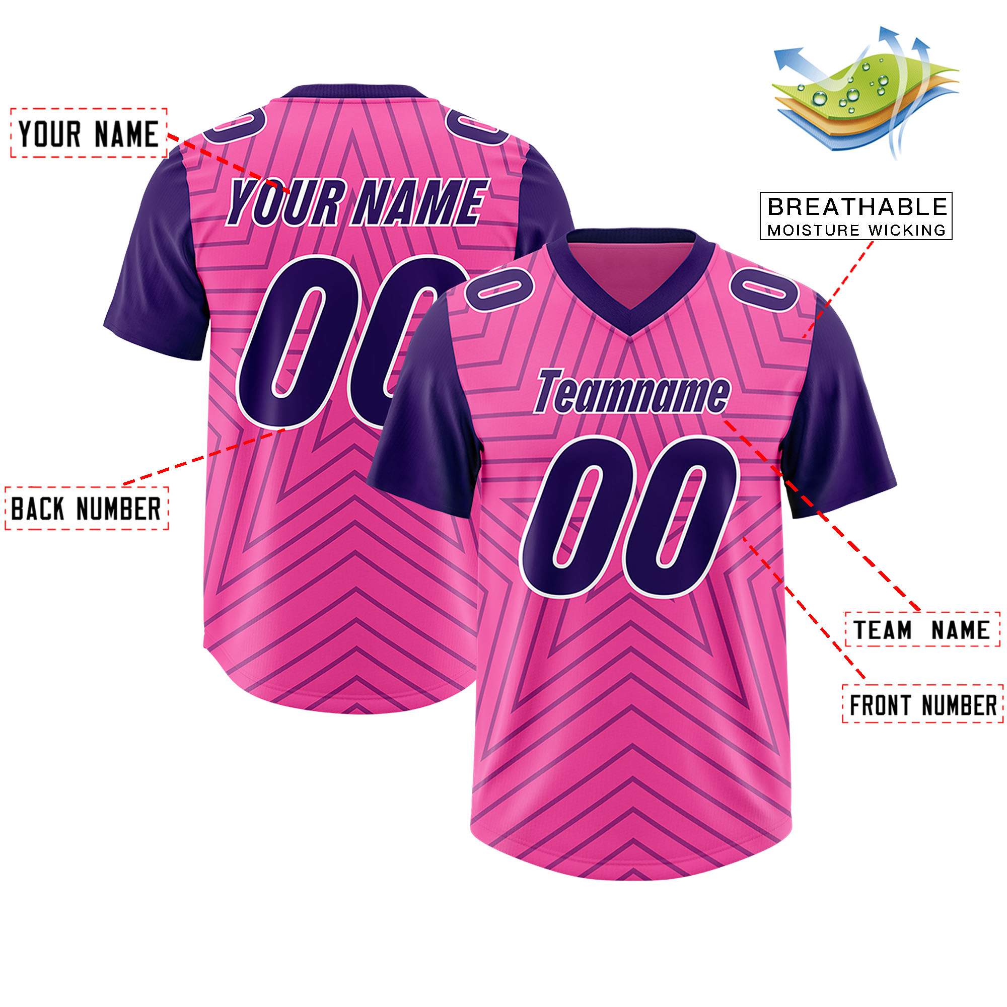 Custom Pink Purple Personalized Star Pattern Raglan Sleeves Authentic American Football Jersey