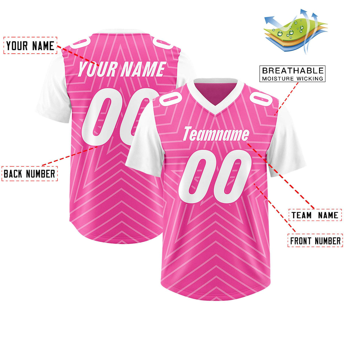 Custom Pink White Personalized Star Pattern Raglan Sleeves Authentic American Football Jersey
