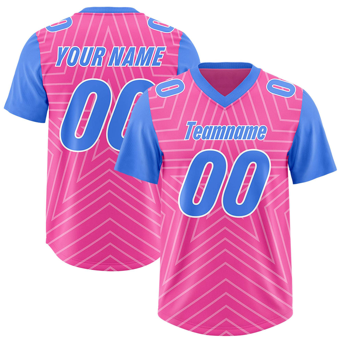 Custom Pink Powder Blue Personalized Star Pattern Raglan Sleeves Authentic American Football Jersey