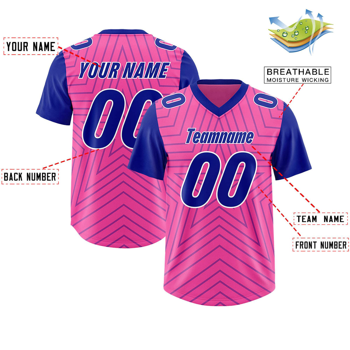 Custom Pink Royal Personalized Star Pattern Raglan Sleeves Authentic American Football Jersey